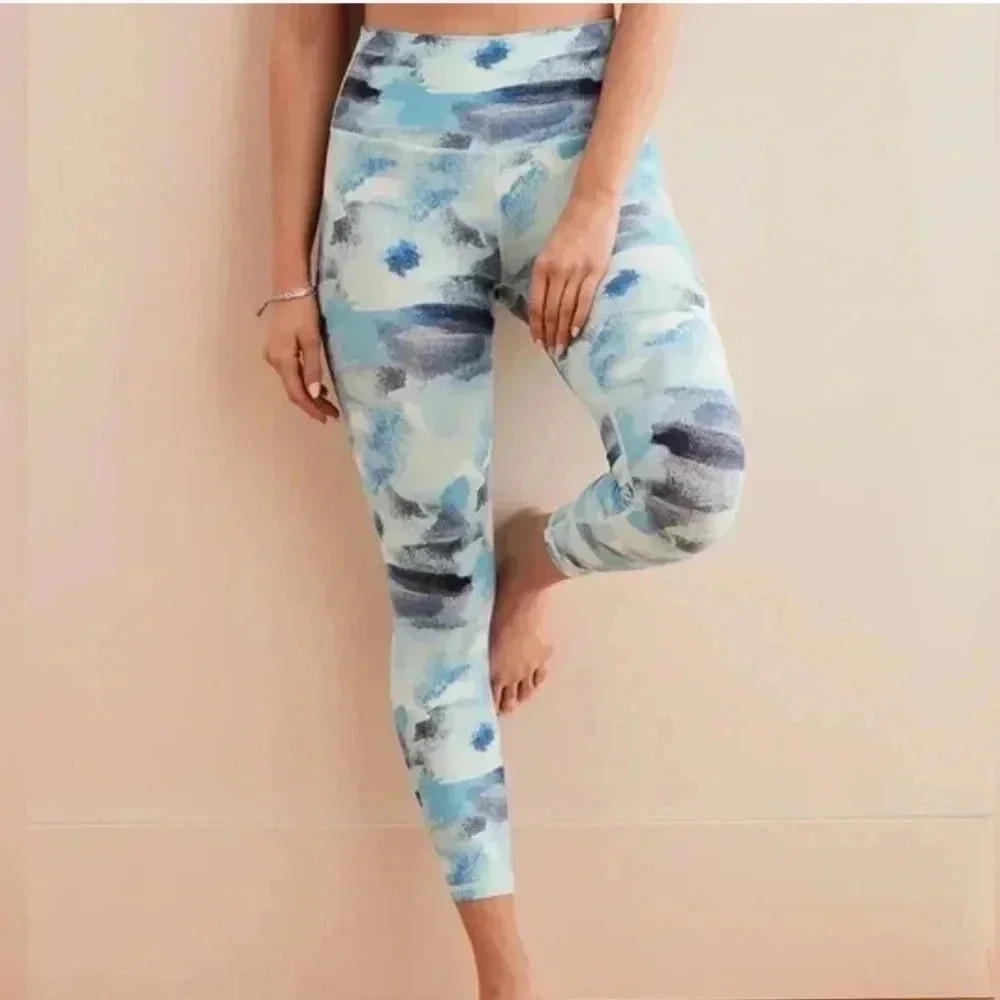 Aerie Chill Play Move Yoga Pants Leggings Blue Watercolor Abstract